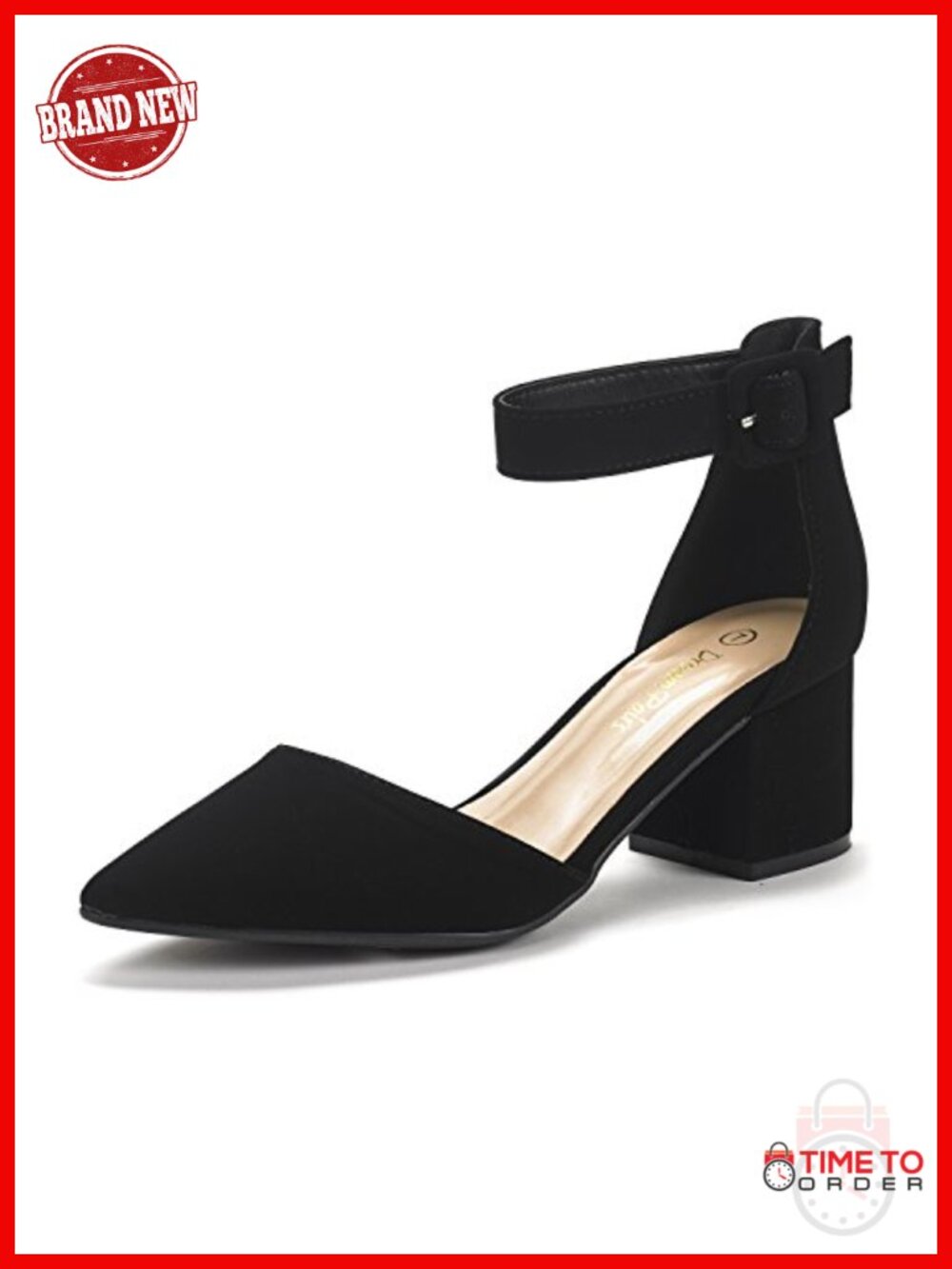 Pointed Toe Low Chunky Heel Pumps Faux Suede Ankle Strap Dress Shoes